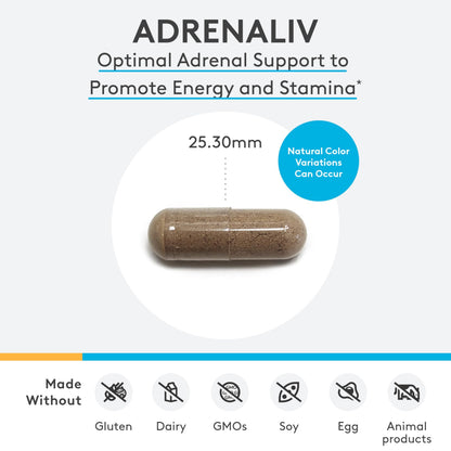 Xymogen Adrenaliv professional formula ingredients panel highlighting adaptogenic botanicals