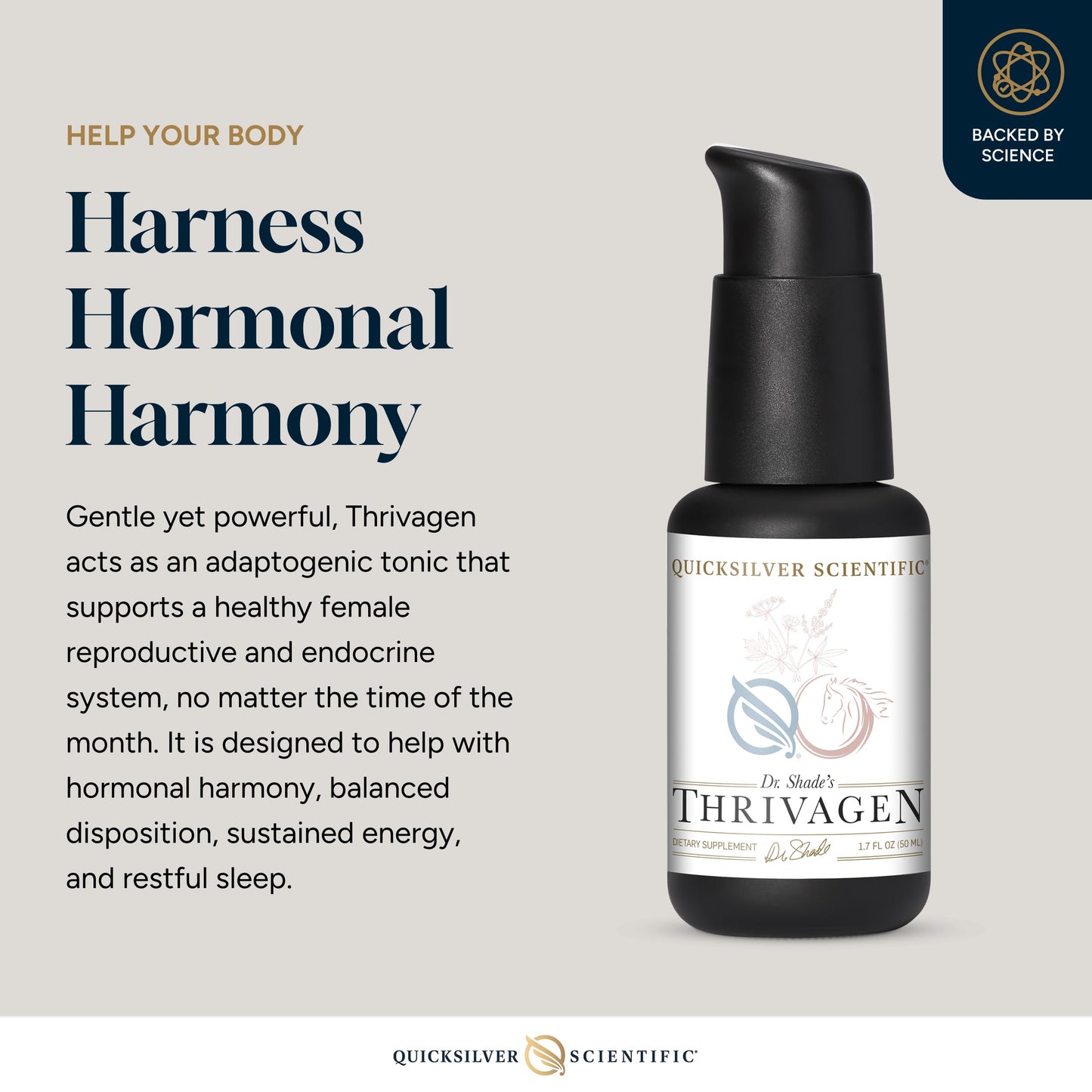 Quicksilver Scientific Thrivagen supplement facts showing adaptogenic herbal blend ingredients.