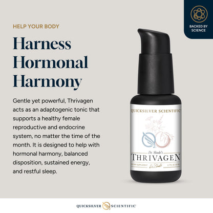 Quicksilver Scientific Thrivagen supplement facts showing adaptogenic herbal blend ingredients.