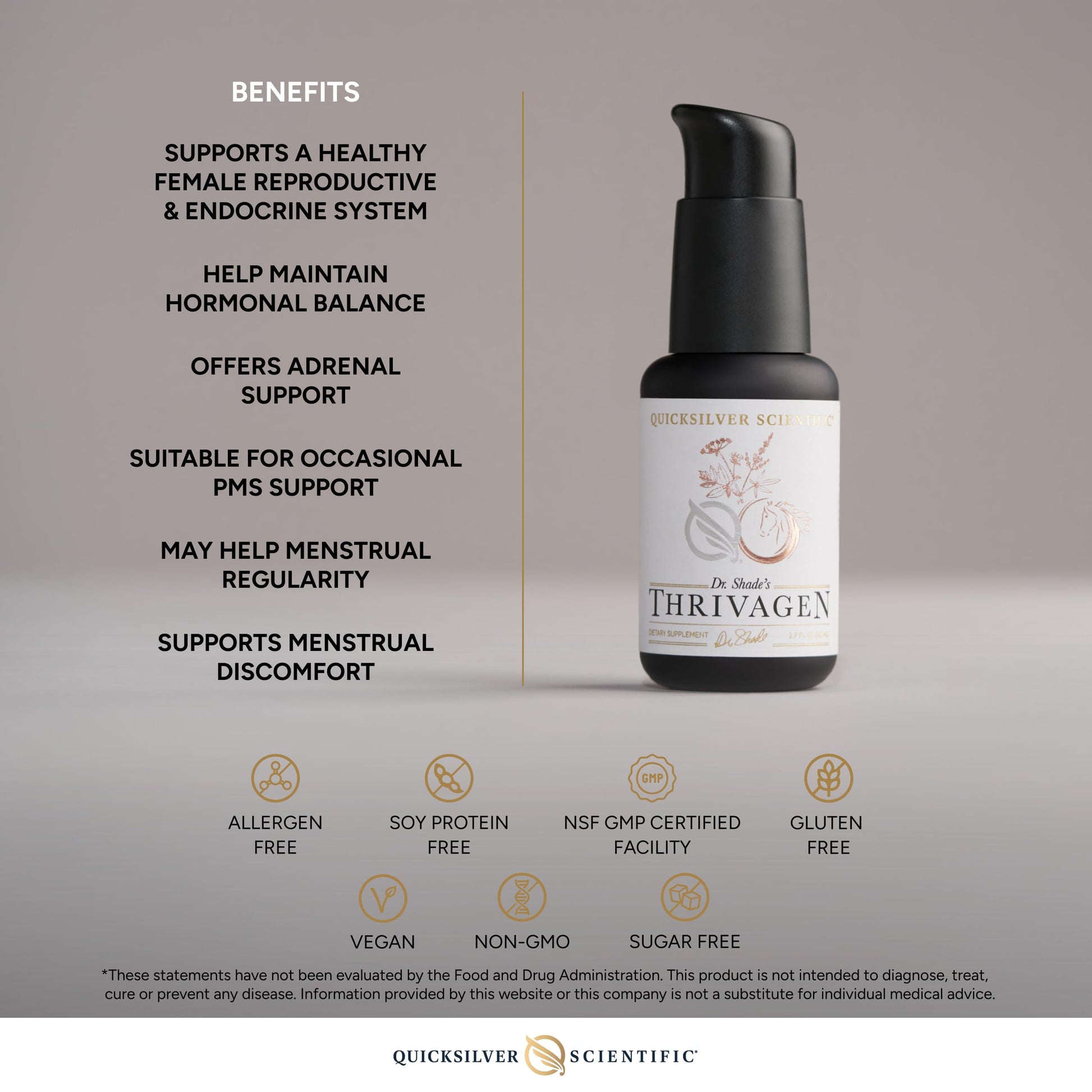 Quicksilver Scientific Thrivagen pump bottle design for accurate oral serving size.