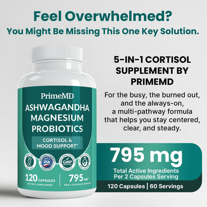 PrimeMD cortisol supplement bottle displaying the 5-in-1 formula benefits for stress and focus.