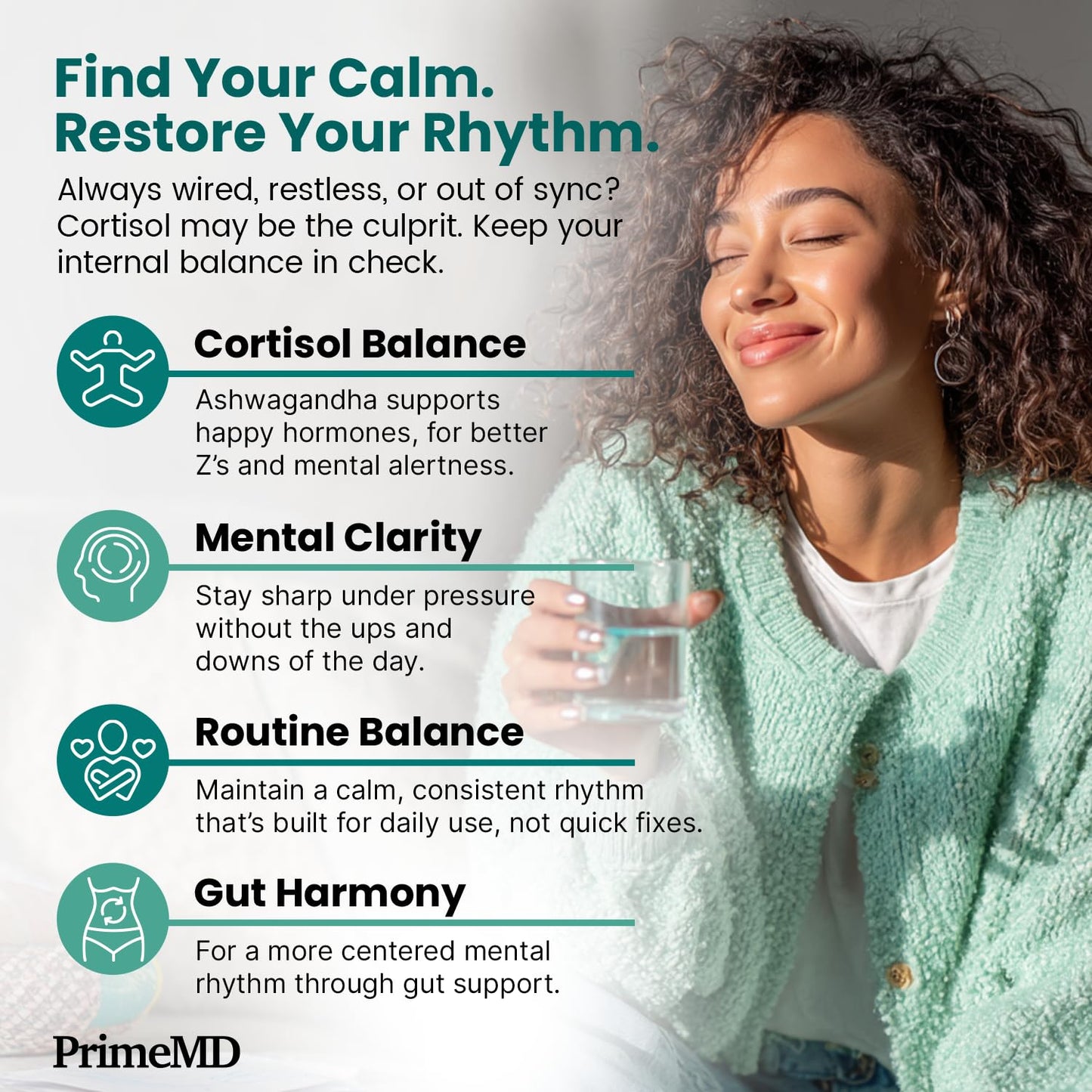 Supplement facts and ingredient list panel on the back of PrimeMD adaptogen blend bottle.