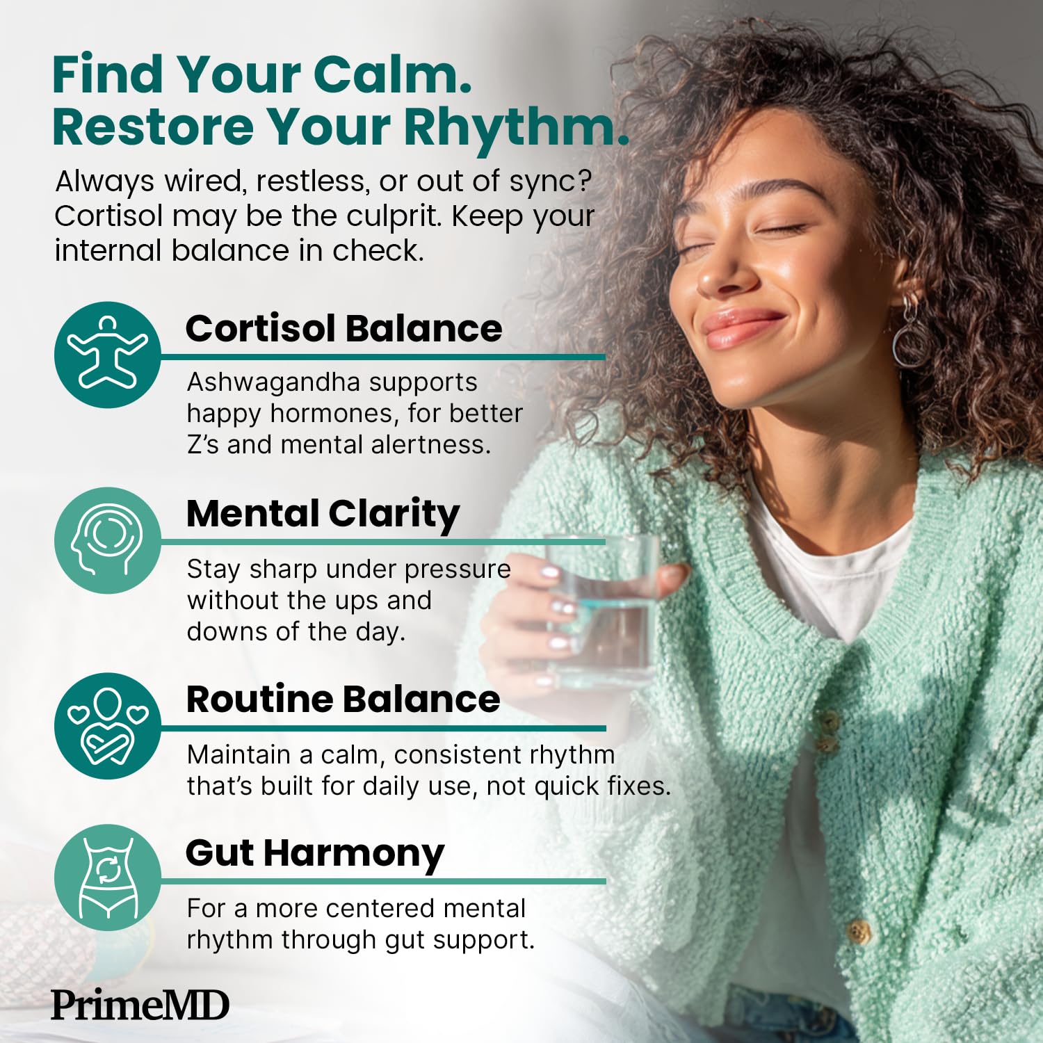 Supplement facts and ingredient list panel on the back of PrimeMD adaptogen blend bottle.