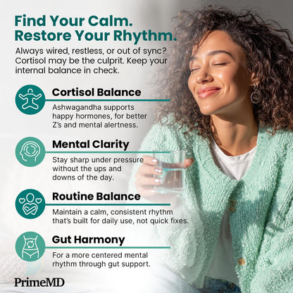 Supplement facts and ingredient list panel on the back of PrimeMD adaptogen blend bottle.