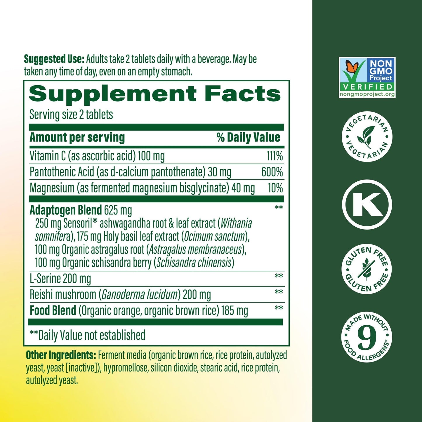 MegaFood adrenal support supplement facts and vegetarian ingredients label