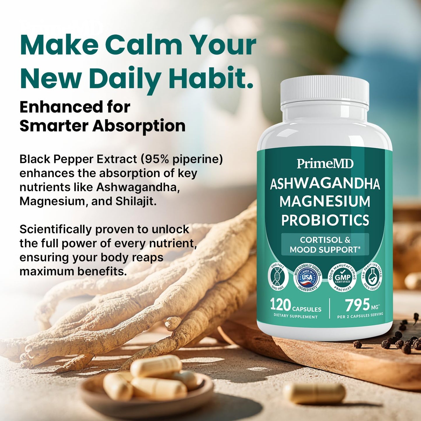 PrimeMD adaptogen nutrient blend capsules container showcased against a clean background.
