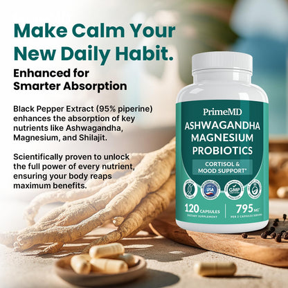 PrimeMD adaptogen nutrient blend capsules container showcased against a clean background.