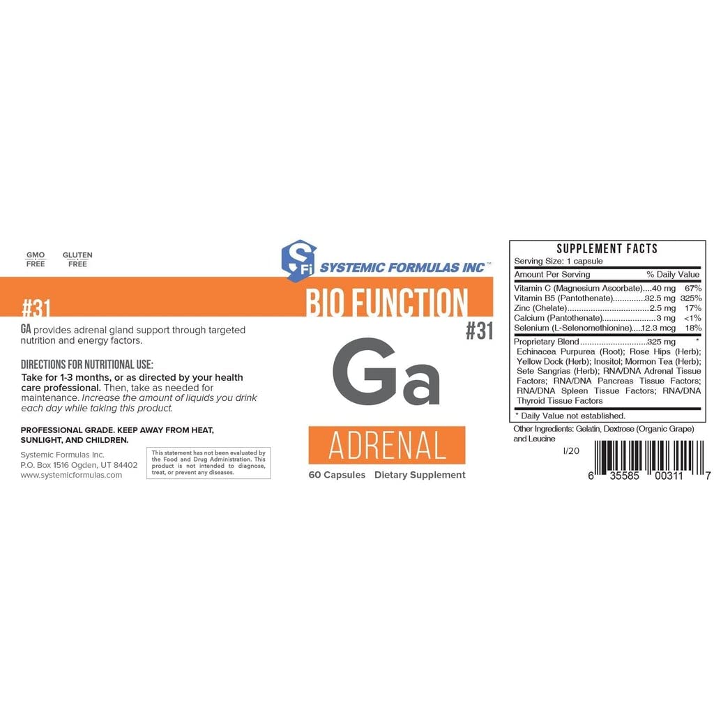 Systemic Formulas number 31 adrenal health supplement packaging showing ingredients and nutritional facts