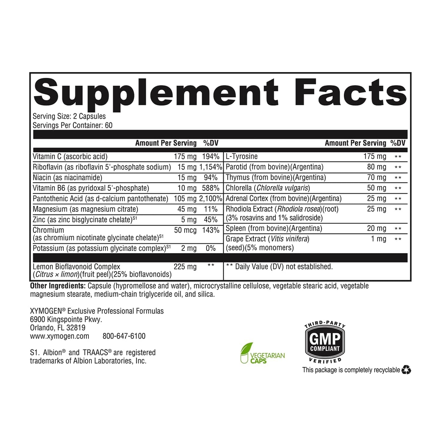 Back label of XYMOGEN Adrenal Manager 120 capsules with clear ingredient list and facts.