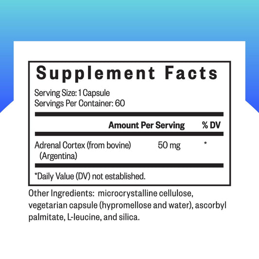 Seeking Health Adrenal Cortex supplement facts and ingredient label on back of bottle