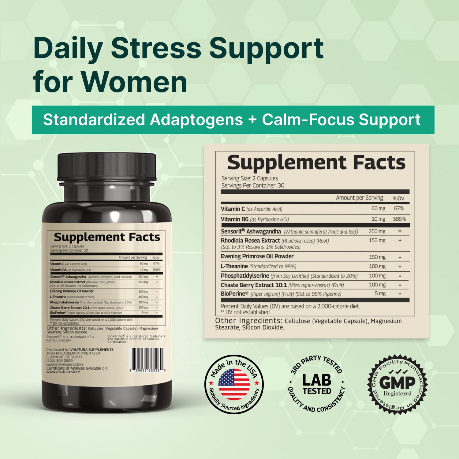 Vinatura Cortisol Balance Pro nutritional facts and supplement ingredients label view