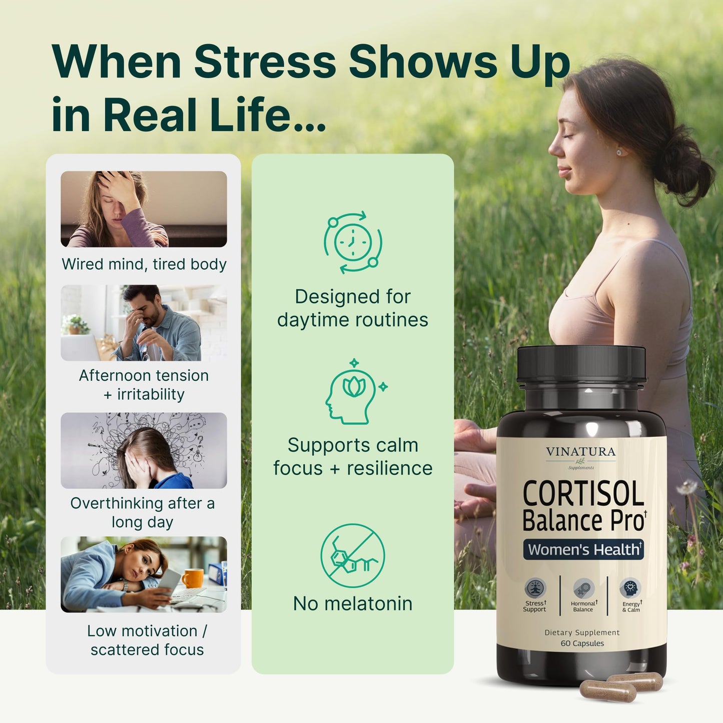 Vinatura female adrenal support supplement bottle showing certified premium USA imported packaging