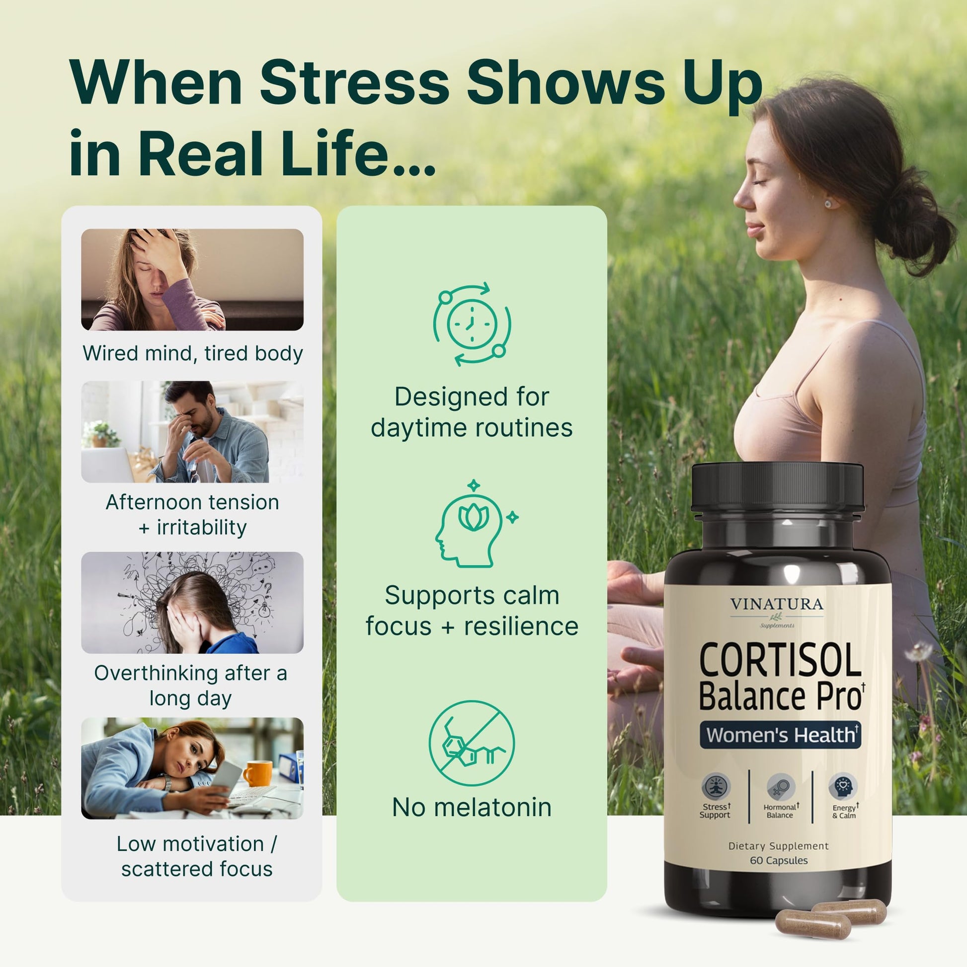 Vinatura female adrenal support supplement bottle showing certified premium USA imported packaging