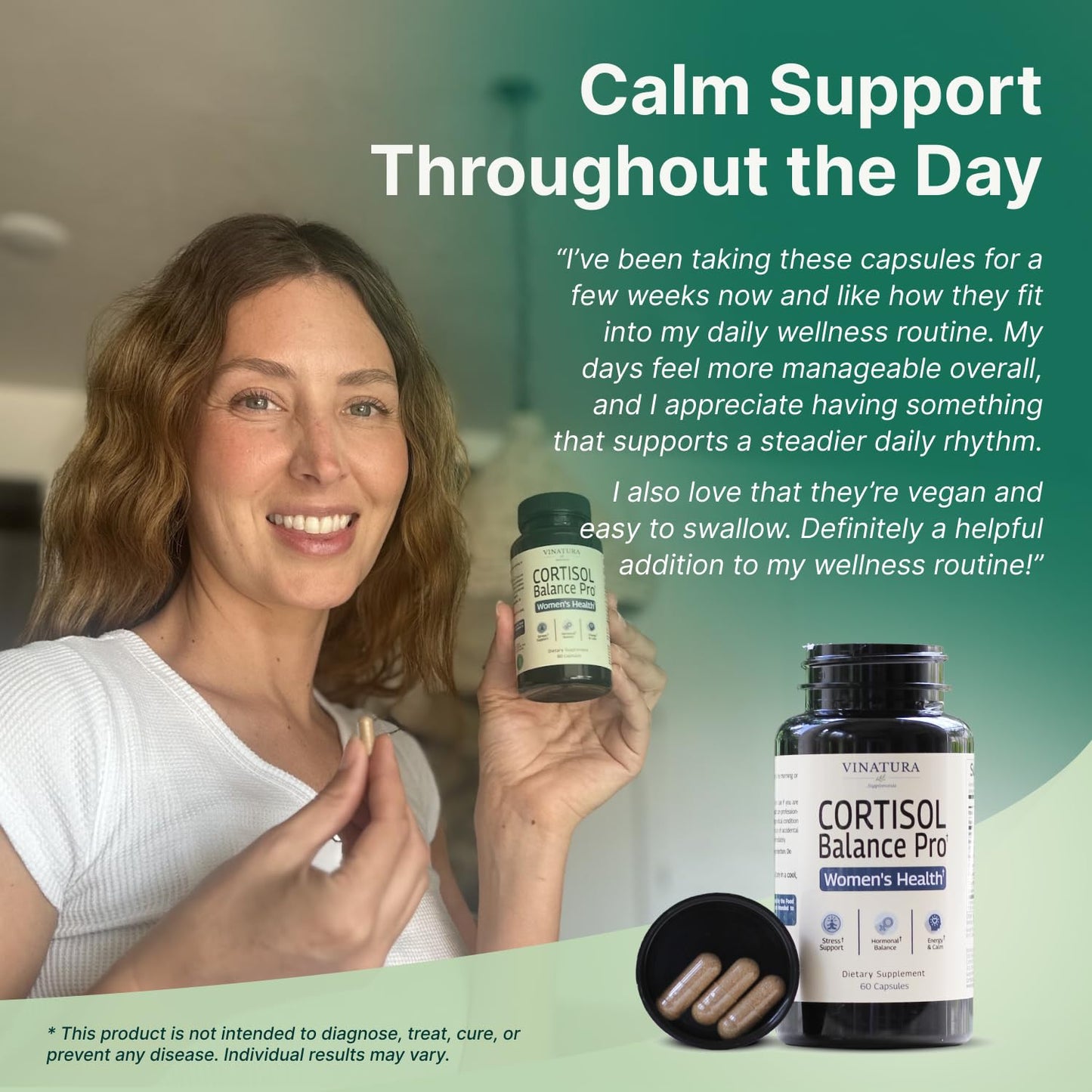 Vinatura cortisol supplements for women showing the plant based allergen free capsule details