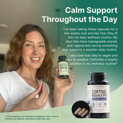 Vinatura cortisol supplements for women showing the plant based allergen free capsule details