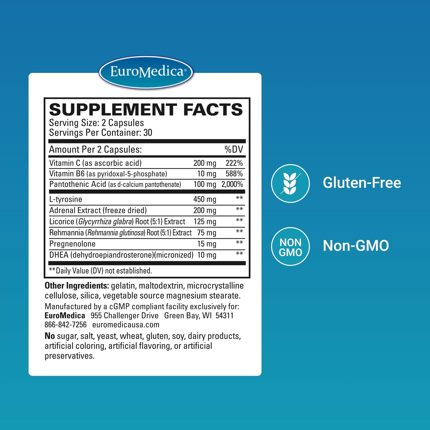 EuroMedica Adrenaplex dietary supplement container highlighting premium imported USA labels