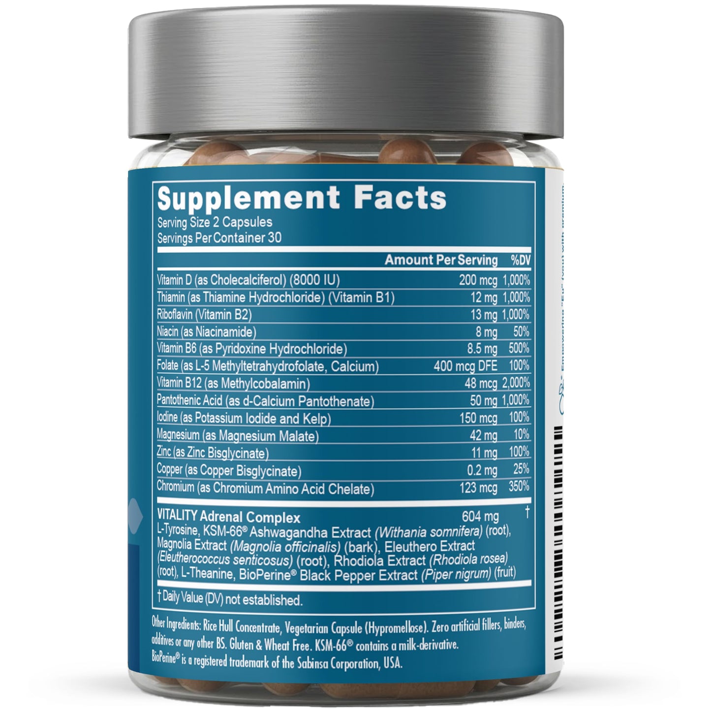 Eu Natural Vitality Adrenal Support capsule layout displaying high quality adaptogens