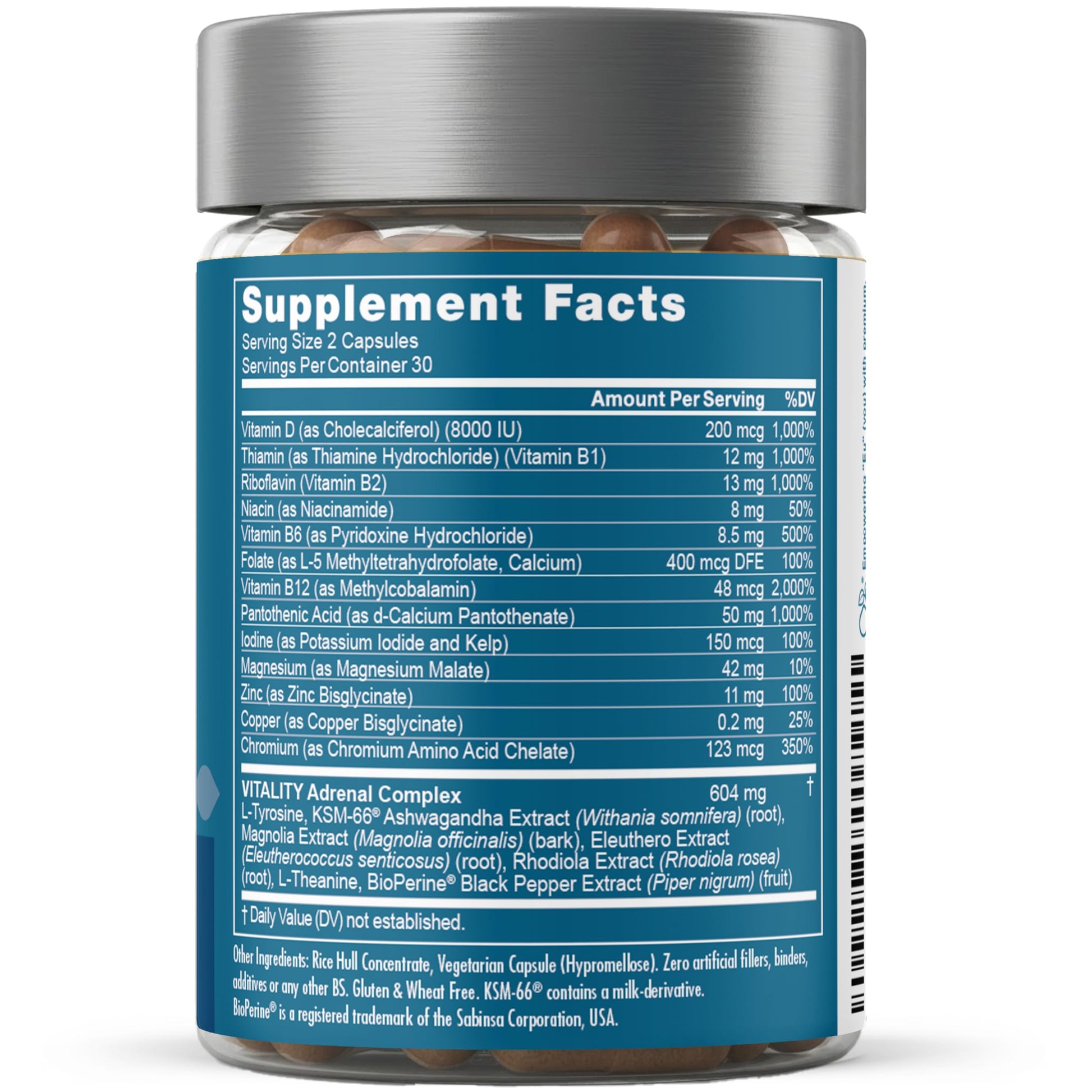 Eu Natural Vitality Adrenal Support capsule layout displaying high quality adaptogens