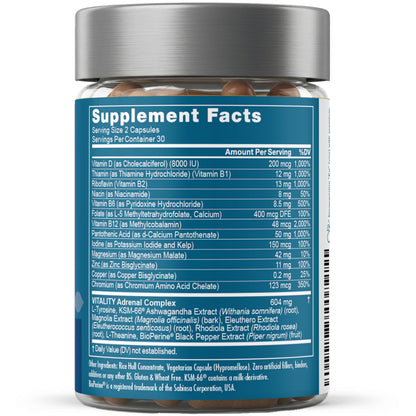 Eu Natural Vitality Adrenal Support capsule layout displaying high quality adaptogens