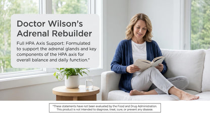 Supplement facts and ingredients label on the back of Dr Wilson's Adrenal Rebuilder caplets.