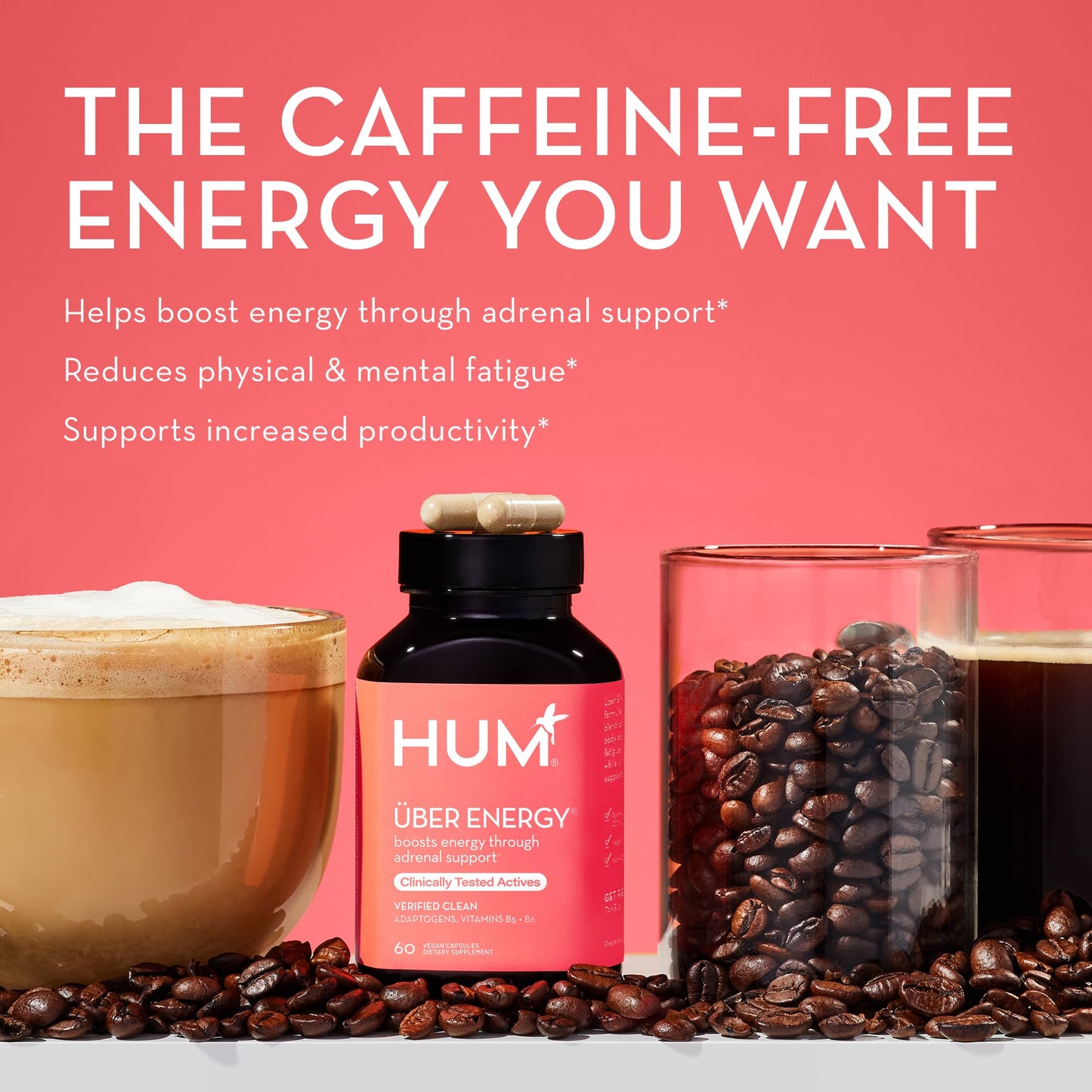 HUM Nutrition Uber Energy vegan capsules nutritional facts label closeup