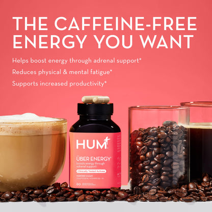 HUM Nutrition Uber Energy vegan capsules nutritional facts label closeup