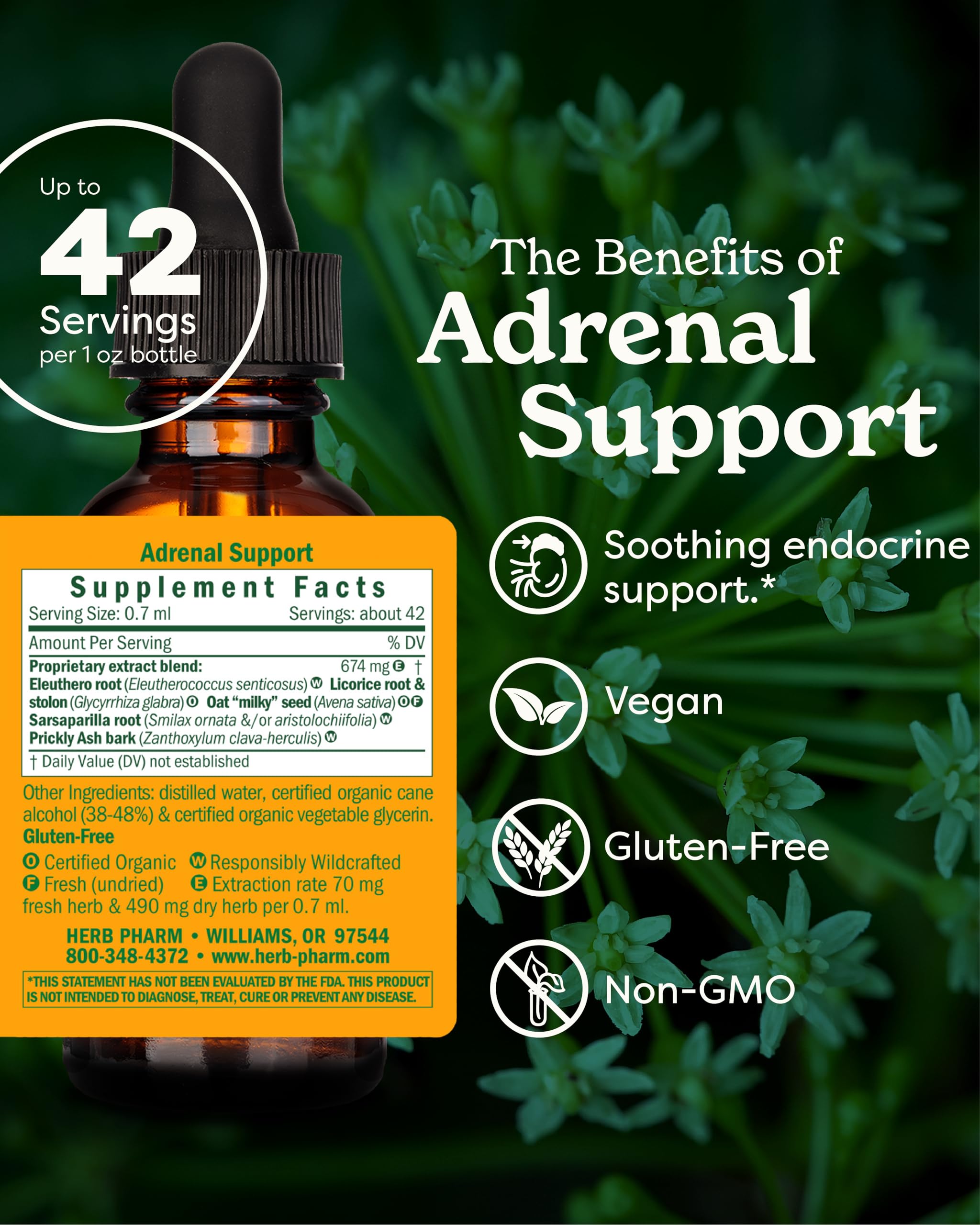 Herb Pharm Adrenal Support 1 ounce bottle showing liquid dropper and organic ingredients list