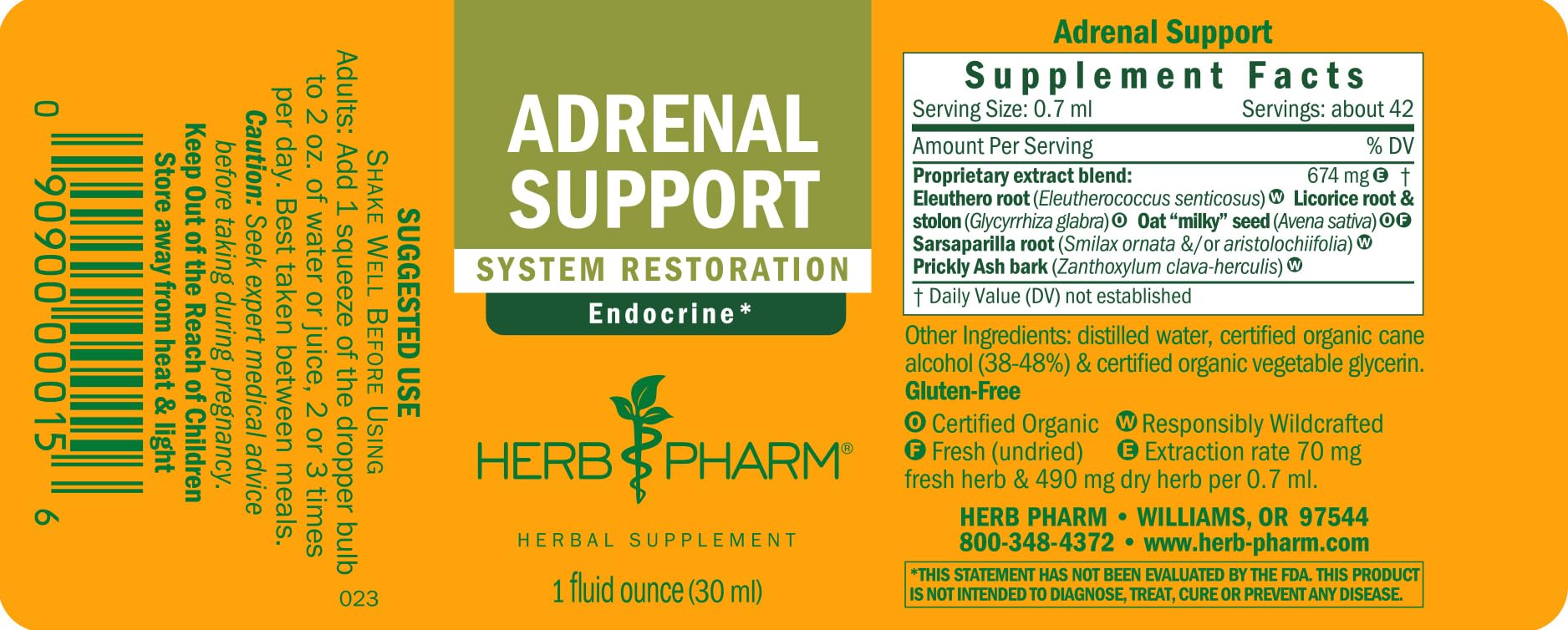 Herb Pharm Adrenal Support Tonic 30 ml bottle highlighting gluten free and non GMO verified symbols