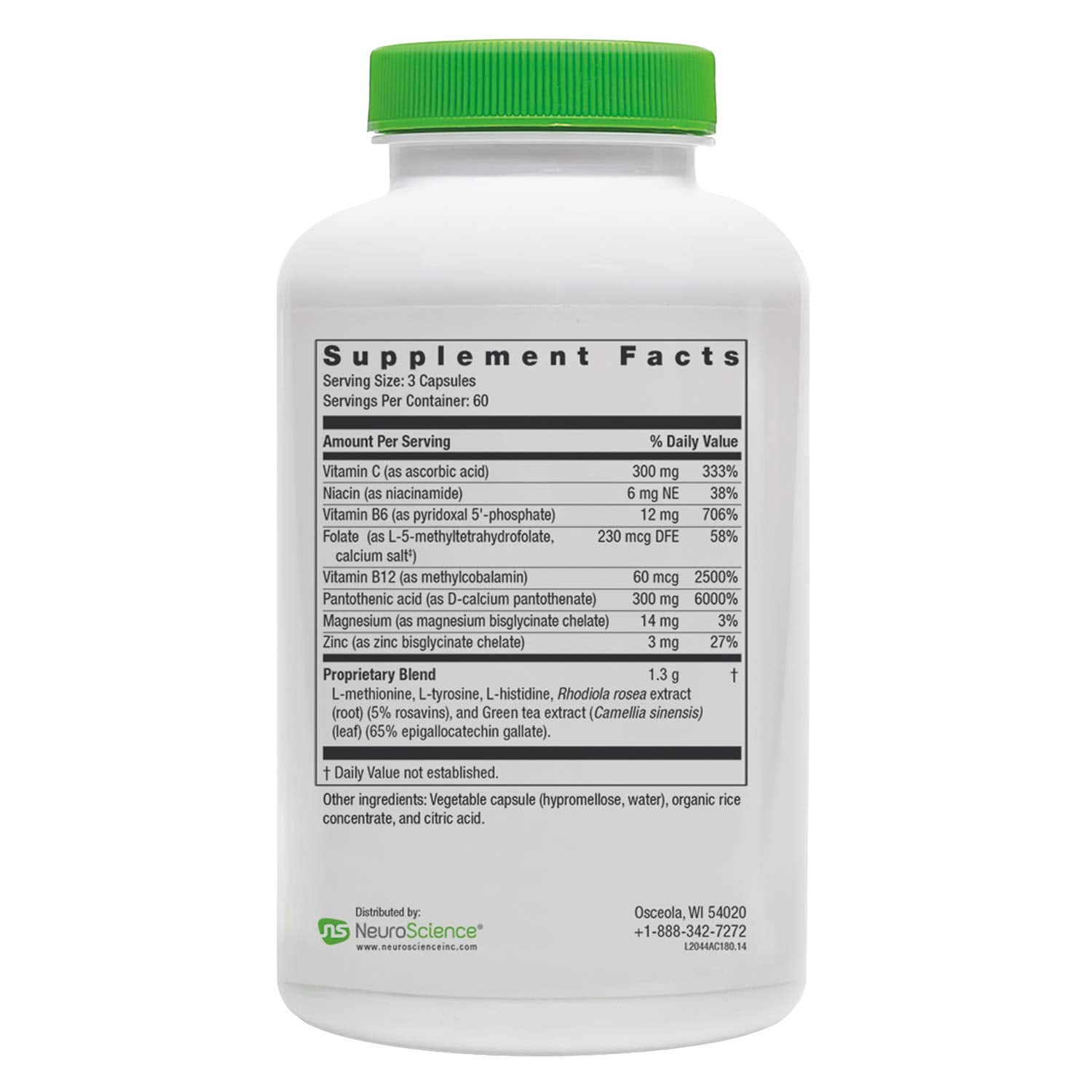 NeuroScience AdreCor supplement facts panel showing amino acids and Rhodiola ingredients
