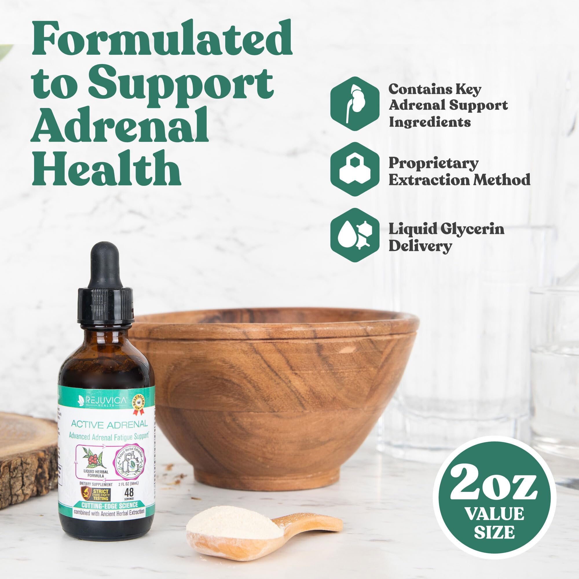 Rejuvica Health Active Adrenal liquid supplement label showing pure adaptogen ingredients