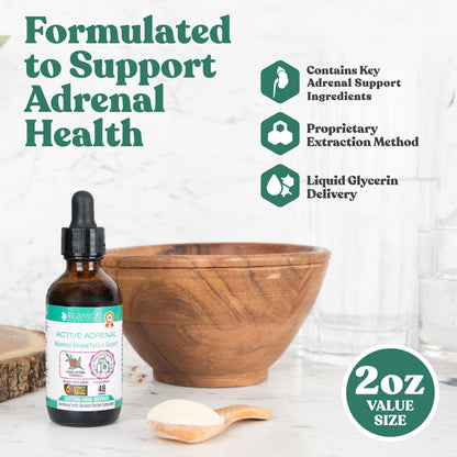 Rejuvica Health Active Adrenal liquid supplement label showing pure adaptogen ingredients