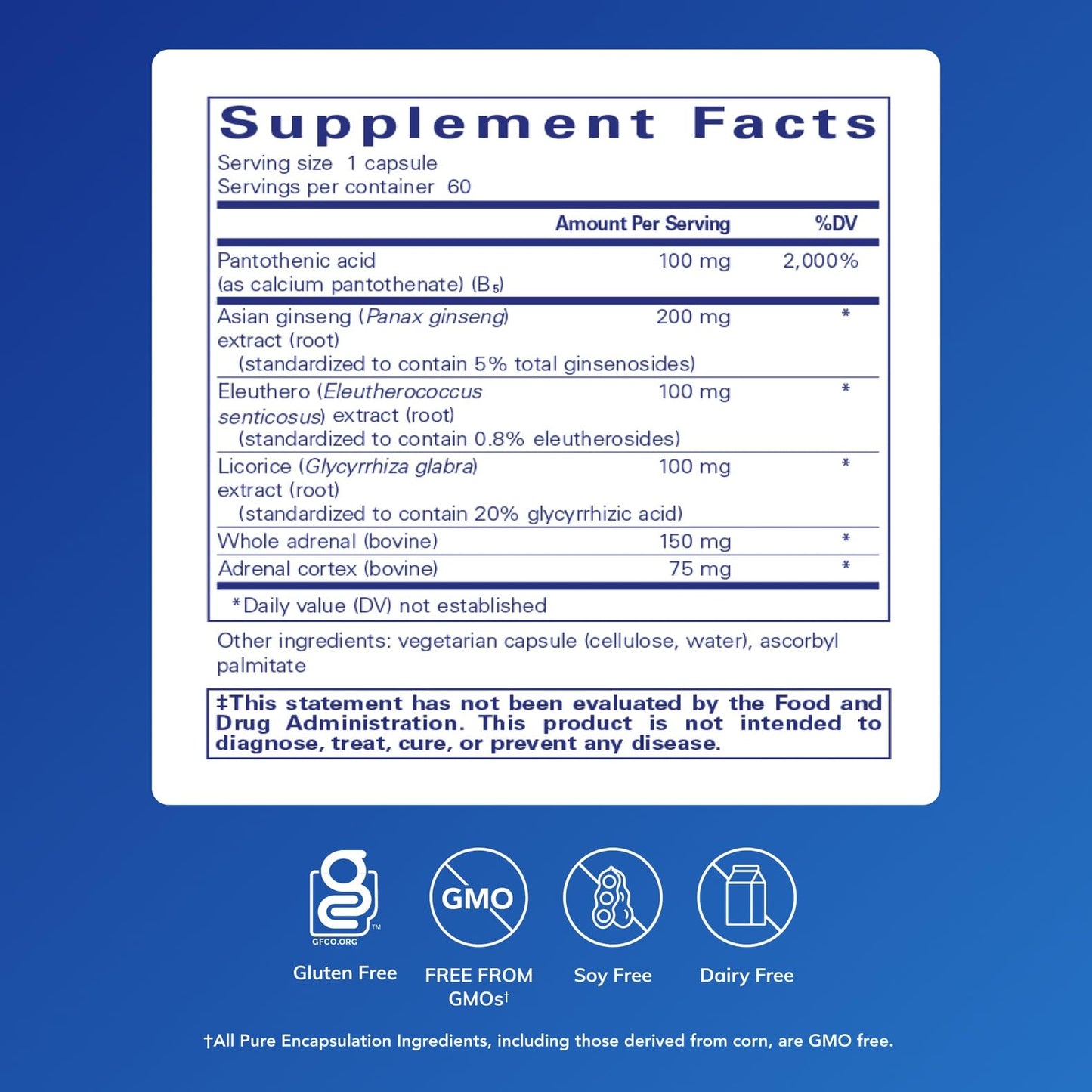 Pure Encapsulations ADR Formula supplement bottle side panel displaying detailed nutritional facts and dosage instructions