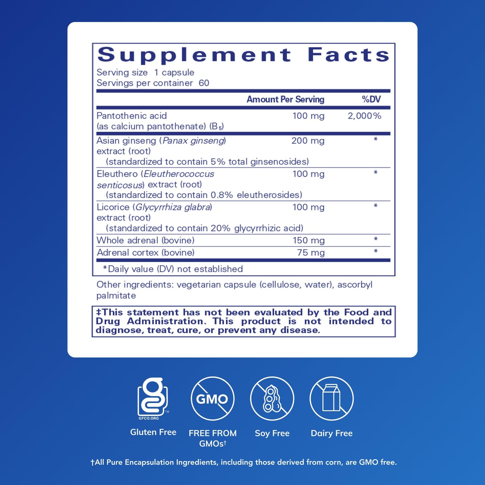 Pure Encapsulations ADR Formula supplement bottle side panel displaying detailed nutritional facts and dosage instructions