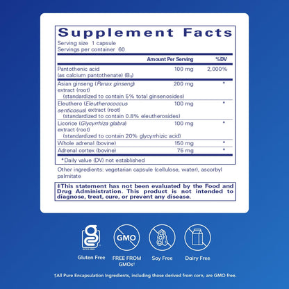 Pure Encapsulations ADR Formula supplement bottle side panel displaying detailed nutritional facts and dosage instructions