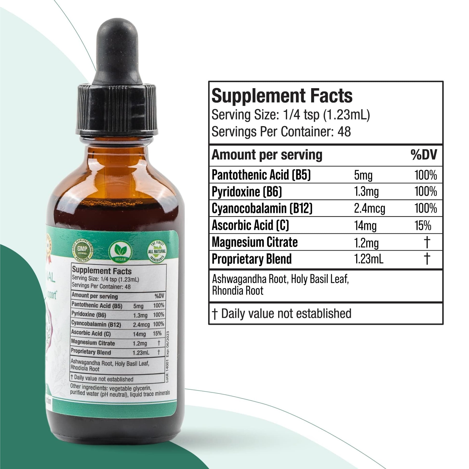 Rejuvica Health Active Adrenal liquid formula highlighting ashwagandha and vitamin blend