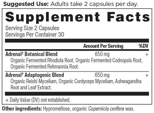 Side angle of Ancient Nutrition Adrenal capsules bottle displaying paleo and keto friendly certifications.