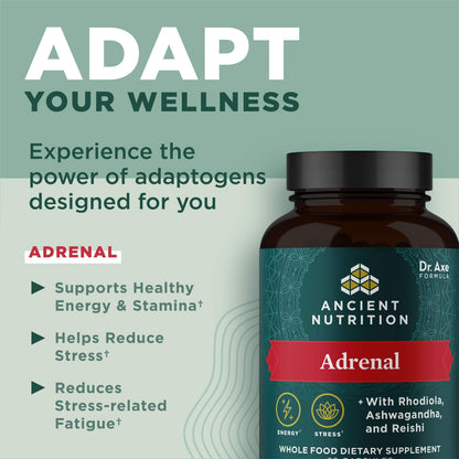 Authentic USA imported Ancient Nutrition Adrenal Support bottle highlighting the ashwagandha and rhodiola formulation.