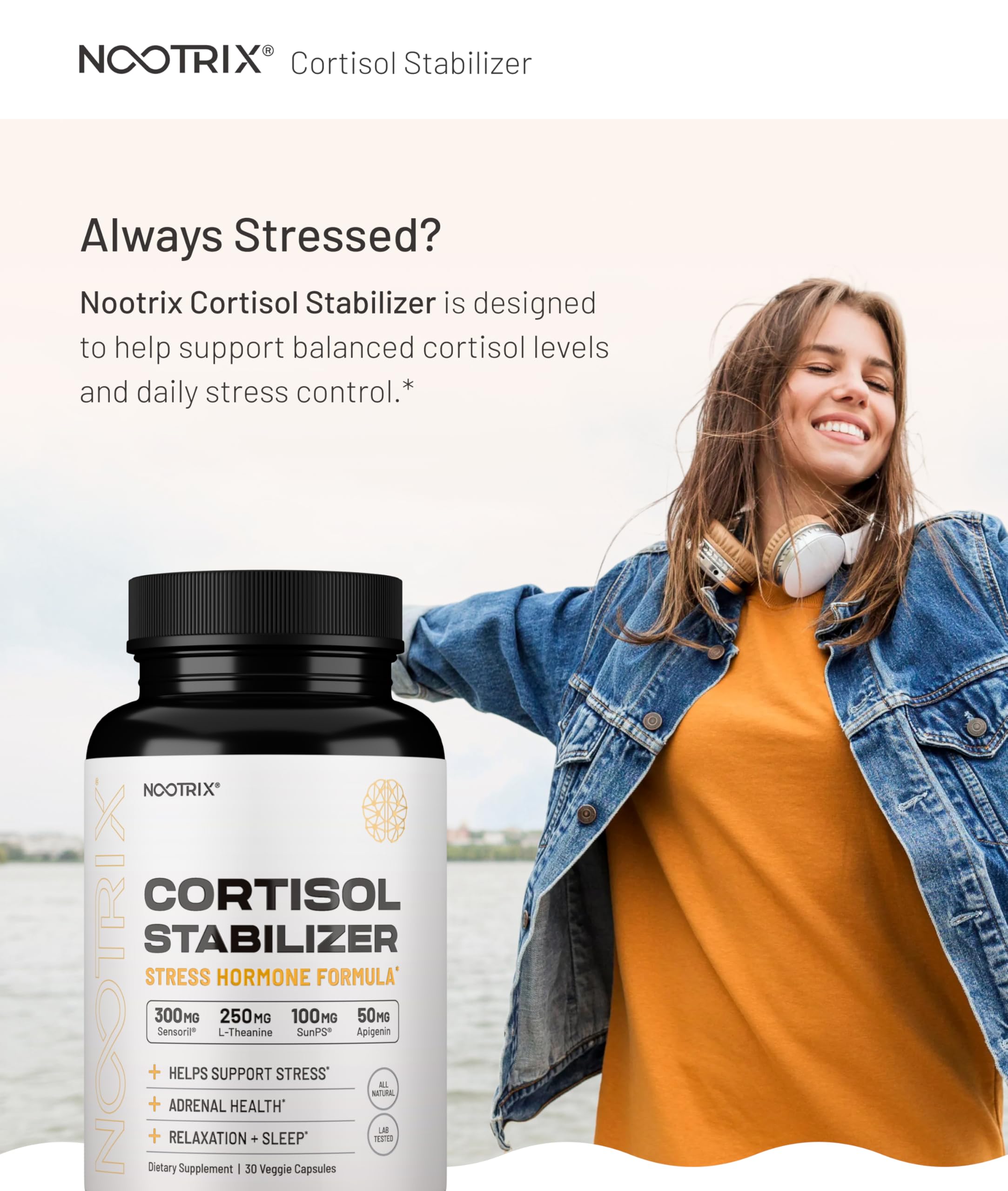 Nootrix Cortisol Stabilizer dietary supplement showing facts label and clean adaptogen ingredients.