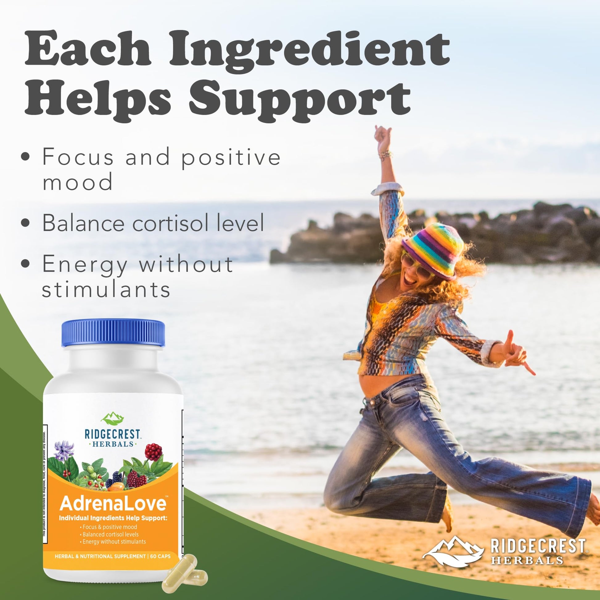 RidgeCrest Herbals AdrenaLove formerly Adrenal Fatigue Fighter side panel showcasing adaptogen ingredient list