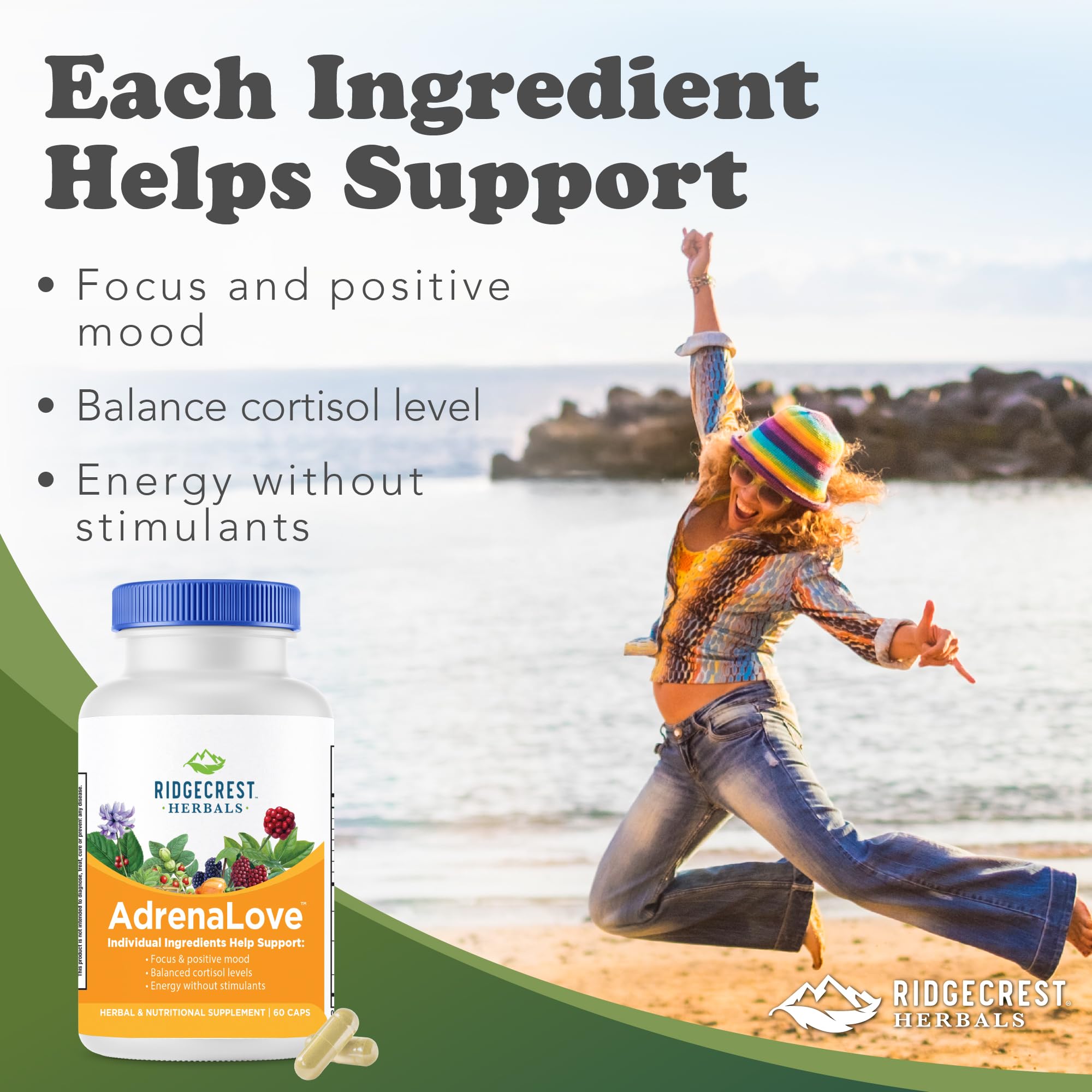 RidgeCrest Herbals AdrenaLove formerly Adrenal Fatigue Fighter side panel showcasing adaptogen ingredient list