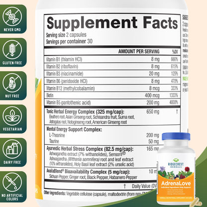 RidgeCrest Herbals AdrenaLove vegetarian capsules dietary profile and allergen free symbols