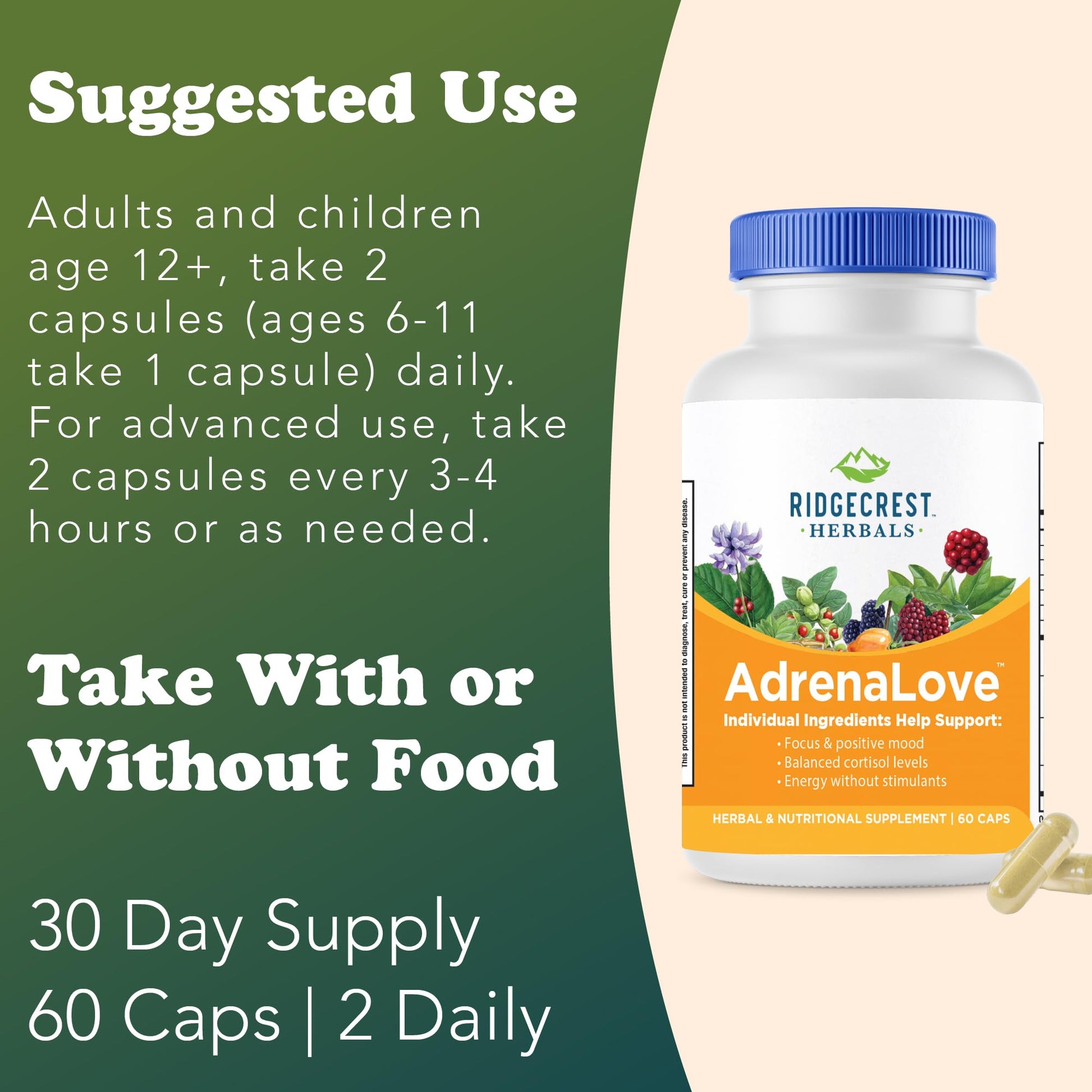 RidgeCrest Herbals AdrenaLove supplement facts showing complete B complex vitamins profile