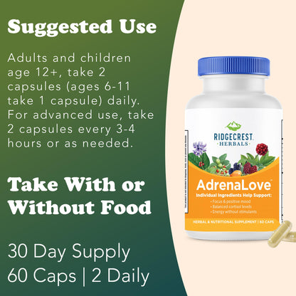 RidgeCrest Herbals AdrenaLove supplement facts showing complete B complex vitamins profile