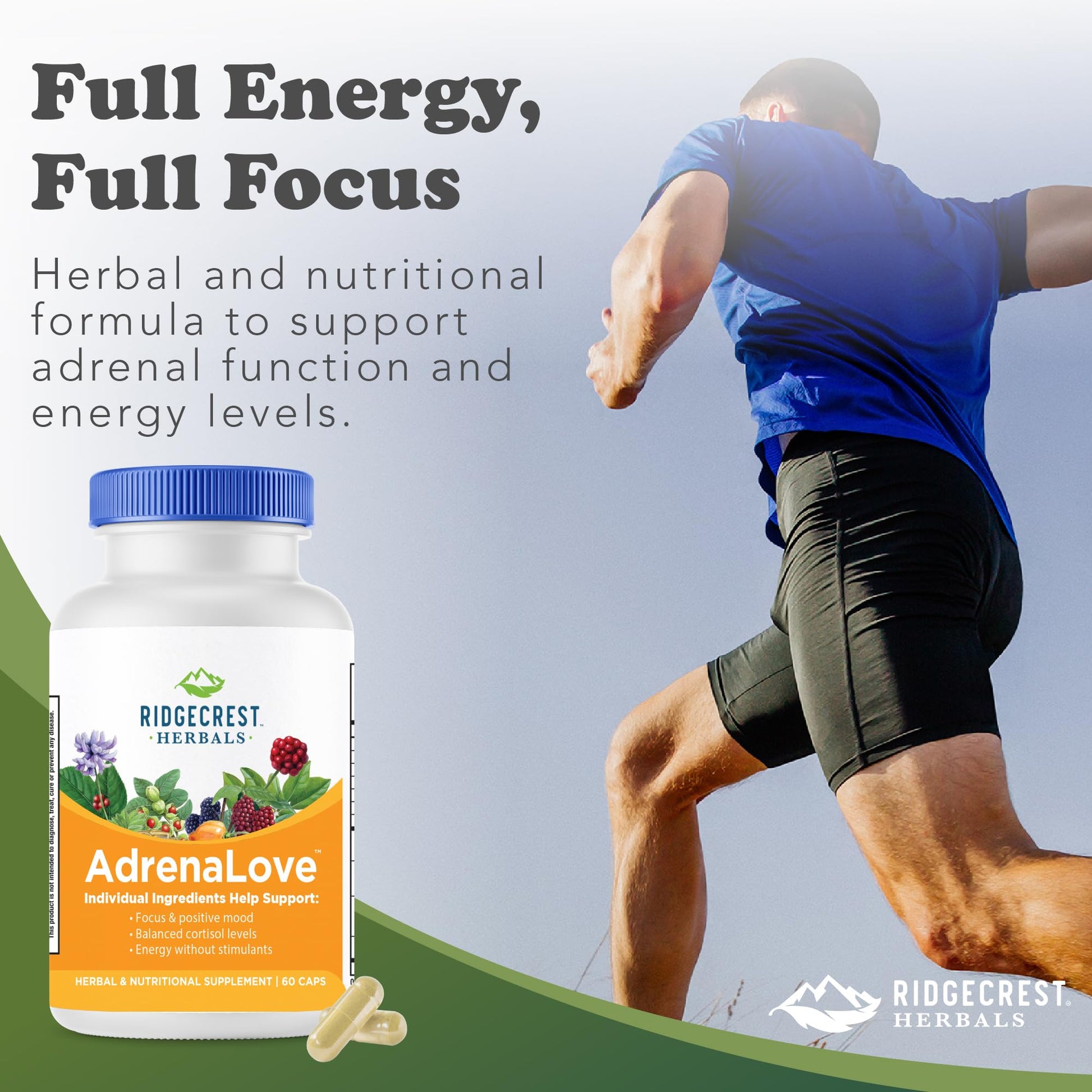 Authentic RidgeCrest Herbals AdrenaLove imported wellness supplement bottle on display