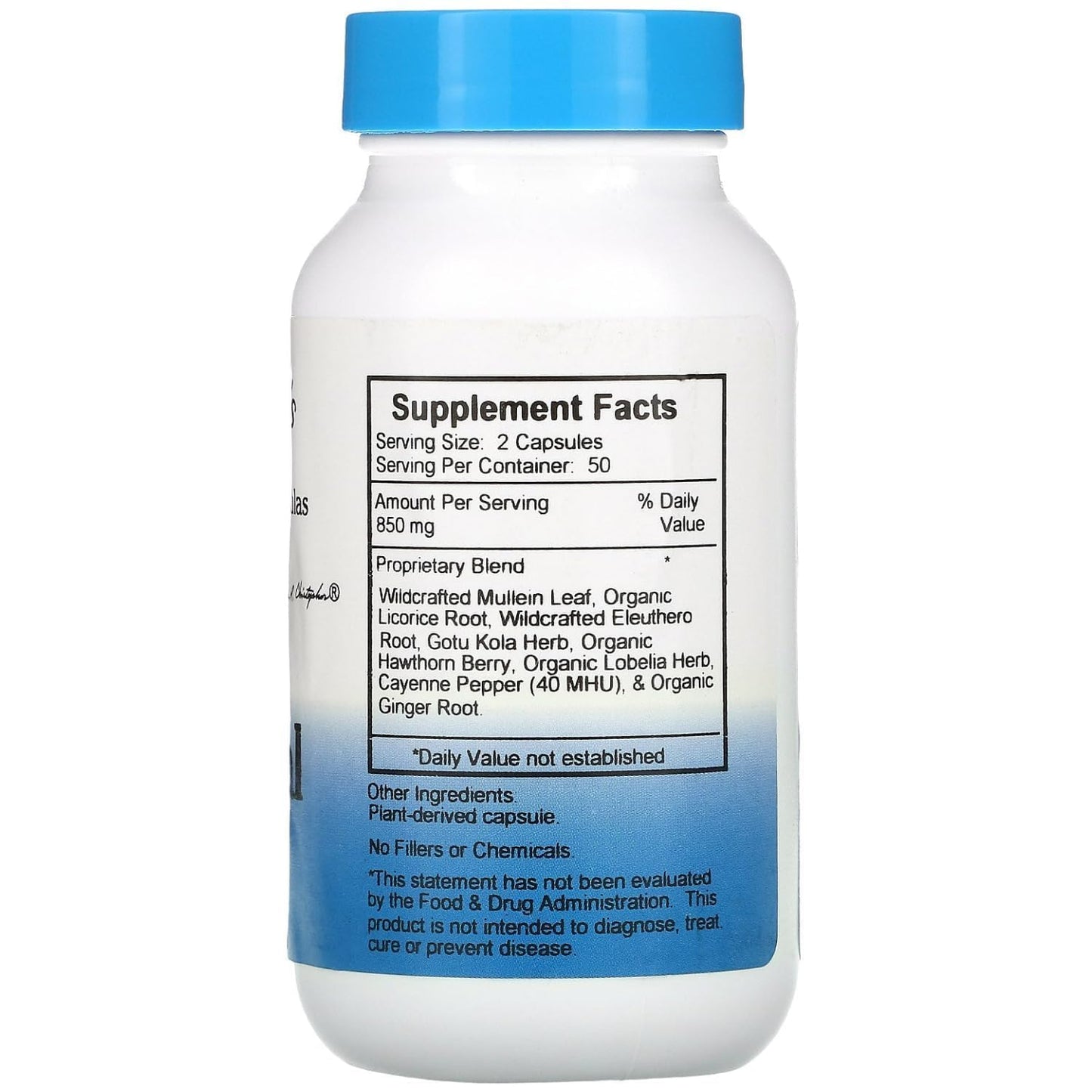 Side angle of Dr. Christopher's Adrenal Formula stress support bottle detailing organic ingredient list.