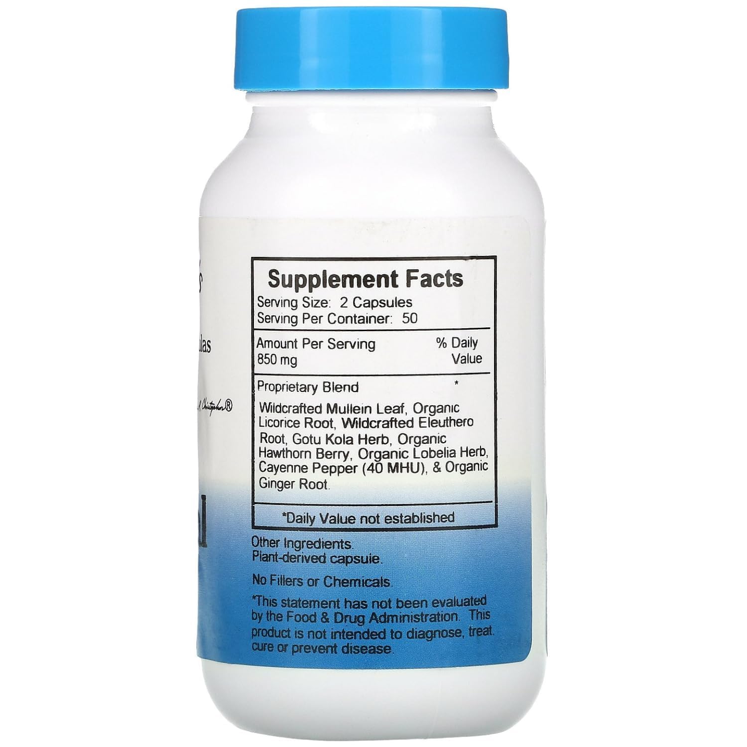 Side angle of Dr. Christopher's Adrenal Formula stress support bottle detailing organic ingredient list.