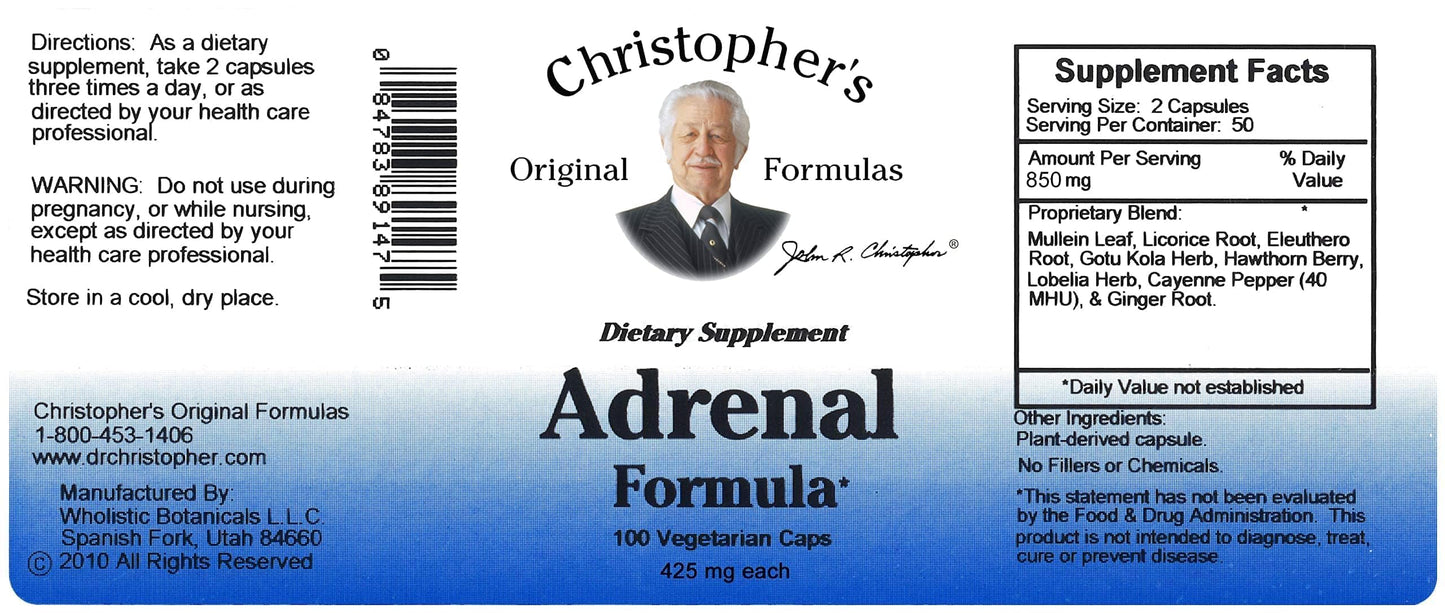 Authentic USA imported herbal adrenal supplement capsule bottle showcasing 425 mg product strength text.