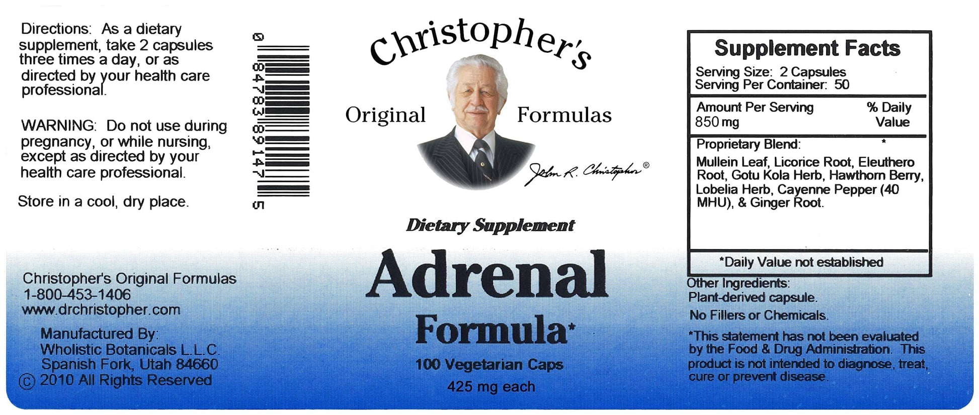 Authentic USA imported herbal adrenal supplement capsule bottle showcasing 425 mg product strength text.