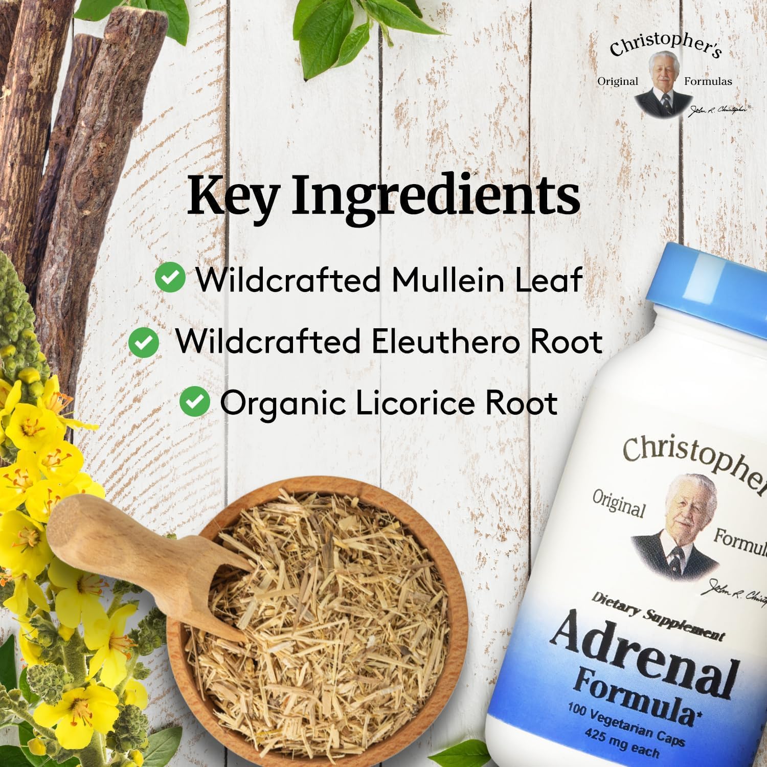 Close up of the supplement facts panel on Christopher's Original Formulas natural cortisol manager.