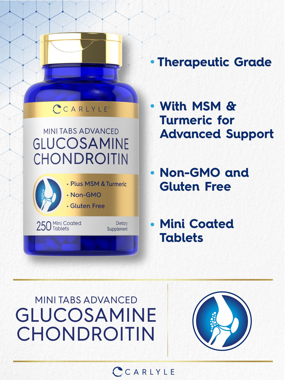 Back label of Carlyle Glucosamine Chondroitin MSM 250 count bottle
